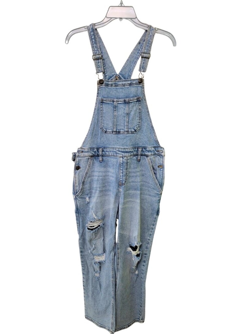 Distressed Light-Wash Denim Overalls | Medium